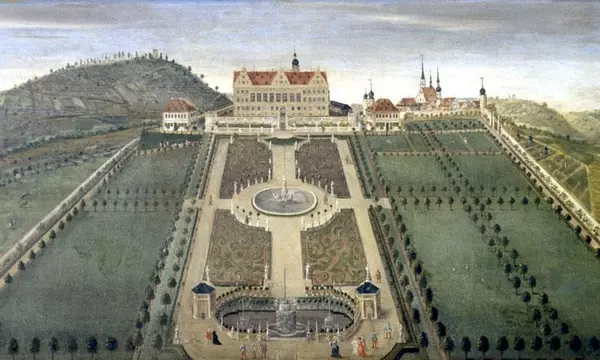 Der Weikersheimer Schlossgarten auf einem Lambrisbild im Rittersaal von Schloss Weikersheim